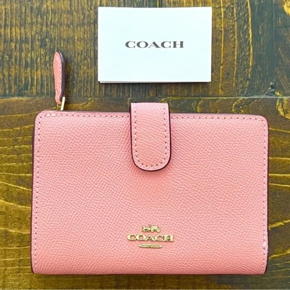 Coach Handbags - Coach Medium Corner Zip Wallet Pink w Card Saffiano Pebbled Leather w Gold NEW